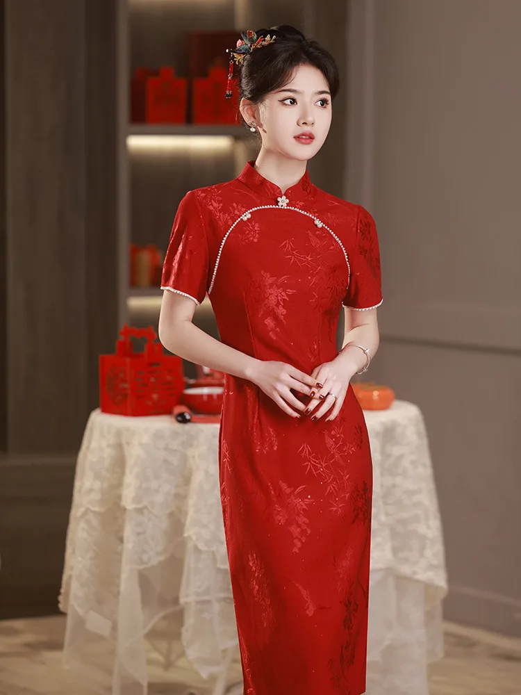 

Chinese Traditional Cheongsam Female Classic Vintage Button Long Qipao Summer Dress Plus Size Sexy Red Print Split Vestidos