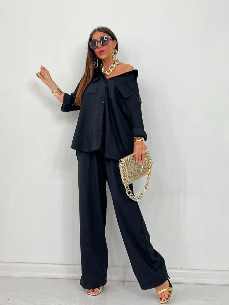 Mikydely Autumn New Pocket Long-sleeved Shirt Slit Wide-leg Trousers Foreign Trade Casual Suit