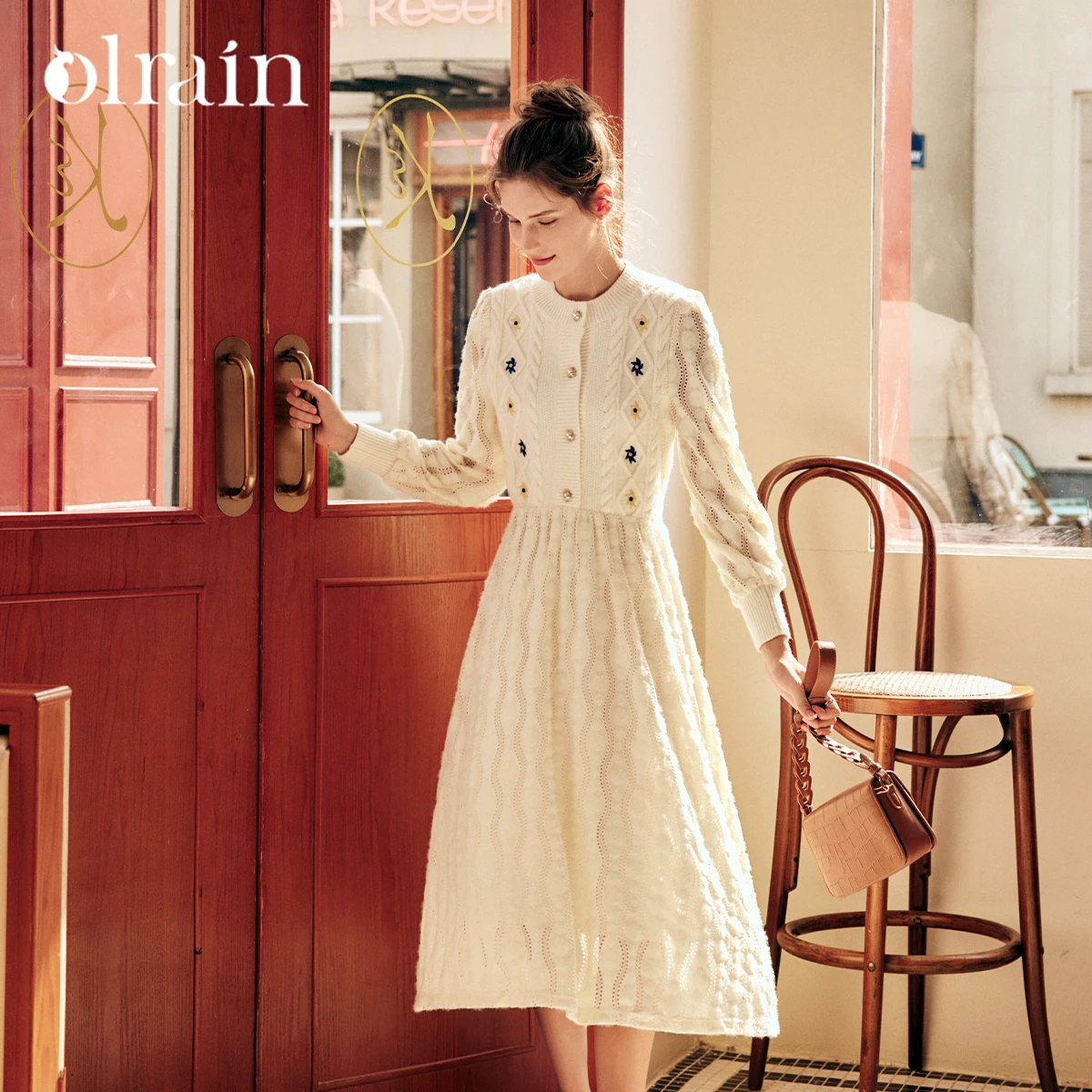 

OLrain Womens Lace Dresses 2025 Spring Casual A-Line Vintage Puff Sleeve Spliced Embroidery Button Elegant Dress O22DL59039