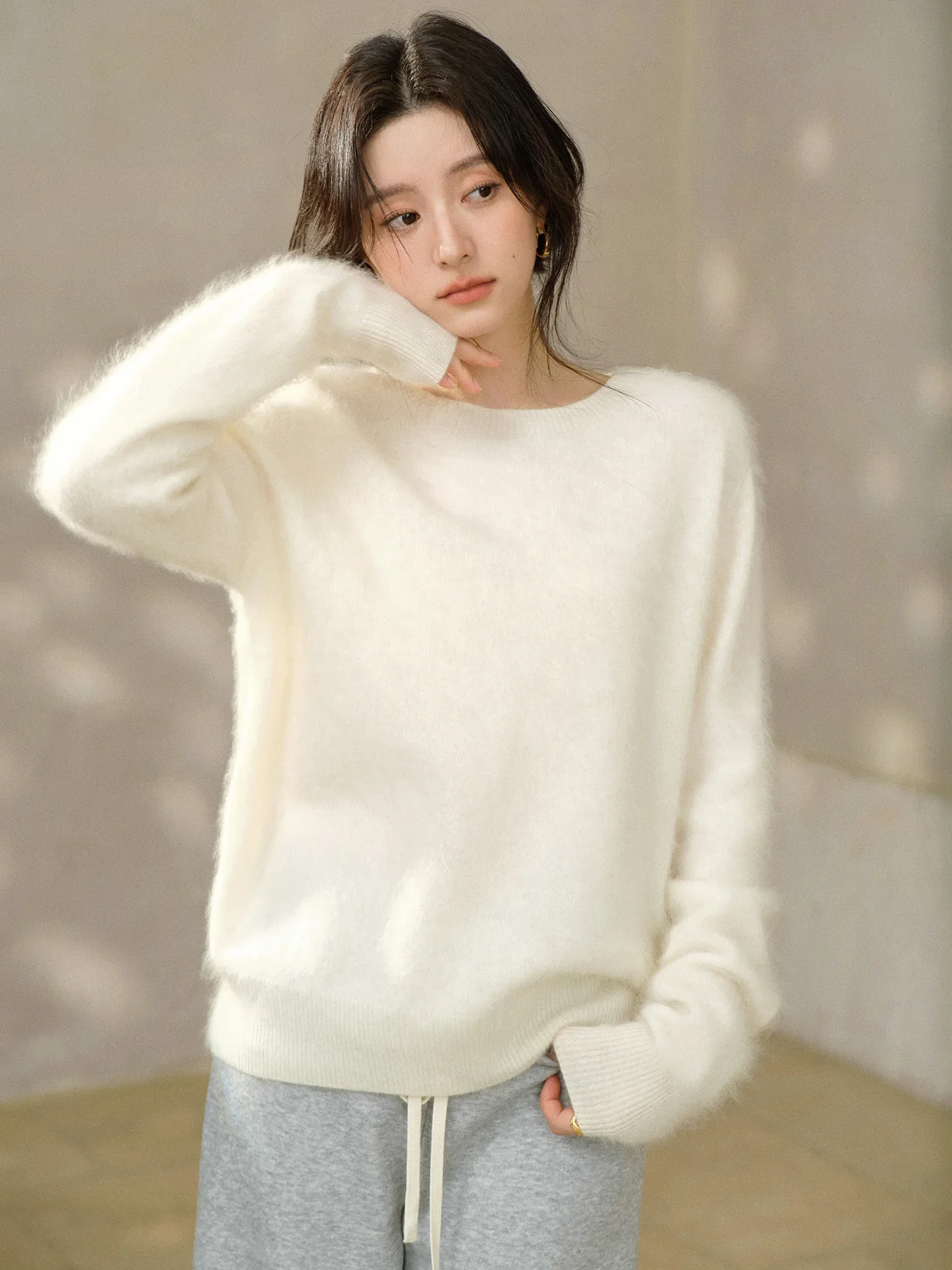 سترة دافئة من الصوف المحبوك للنساء سيدة كلاسيكية مستديرة الرقبة البلوز فضفاضة تناسب لينة الداخلية أعلى مريحة الطبقات اليومية الزي #4