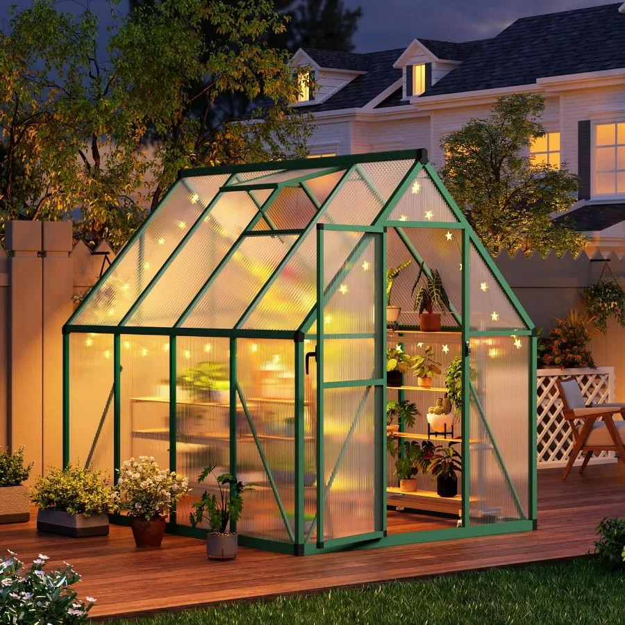 

CABIHOME 6x7 FT Outdoor Greenhouse Polycarbonate Greenhouse with Roof Vent and Ground Nails Aluminum Large Walk-in Green House