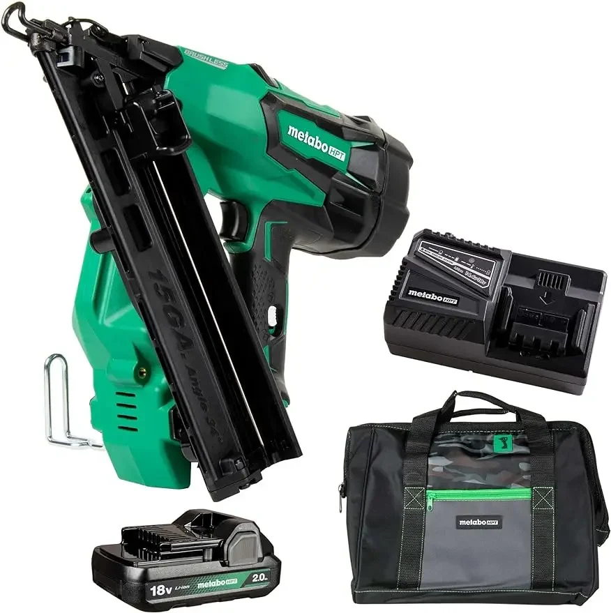 Metabo hpt schnur los 18v multi volt™Abgewinkeltes Nagler-Kit | 15 Gauge | 1-18V 2,0 Ah Lithium-Ionen-Batterie mit Kraftstoff anzeige | Lebensdauer