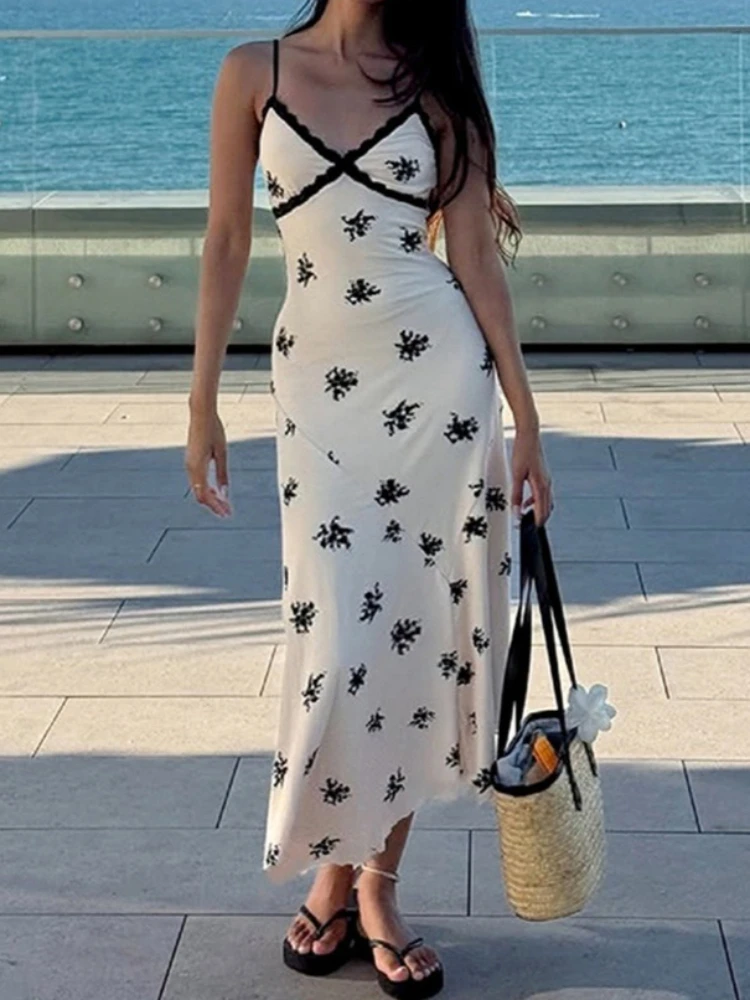 

Платье макси Foamlina с цветочным принтом и кружевной отделкой, женское летнее платье на тонких бретельках с V-образным вырезом, без рукавов, длинное, в стиле Y2K, для пляжного отдыха