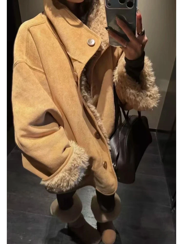 

Retro Sle Women's Long Sve Jaet Loose Fit Single Button Closure Warm Suede Lamb Fur Coat Dongda Gate Vintage Wind