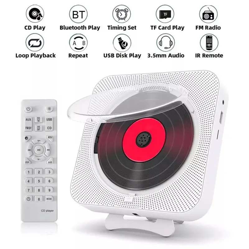 2025 Portable CD Player Bluetooth Speaker Stereo CD Players LED Screen Wall Mountable CD Music Player with IR Remote Control FM