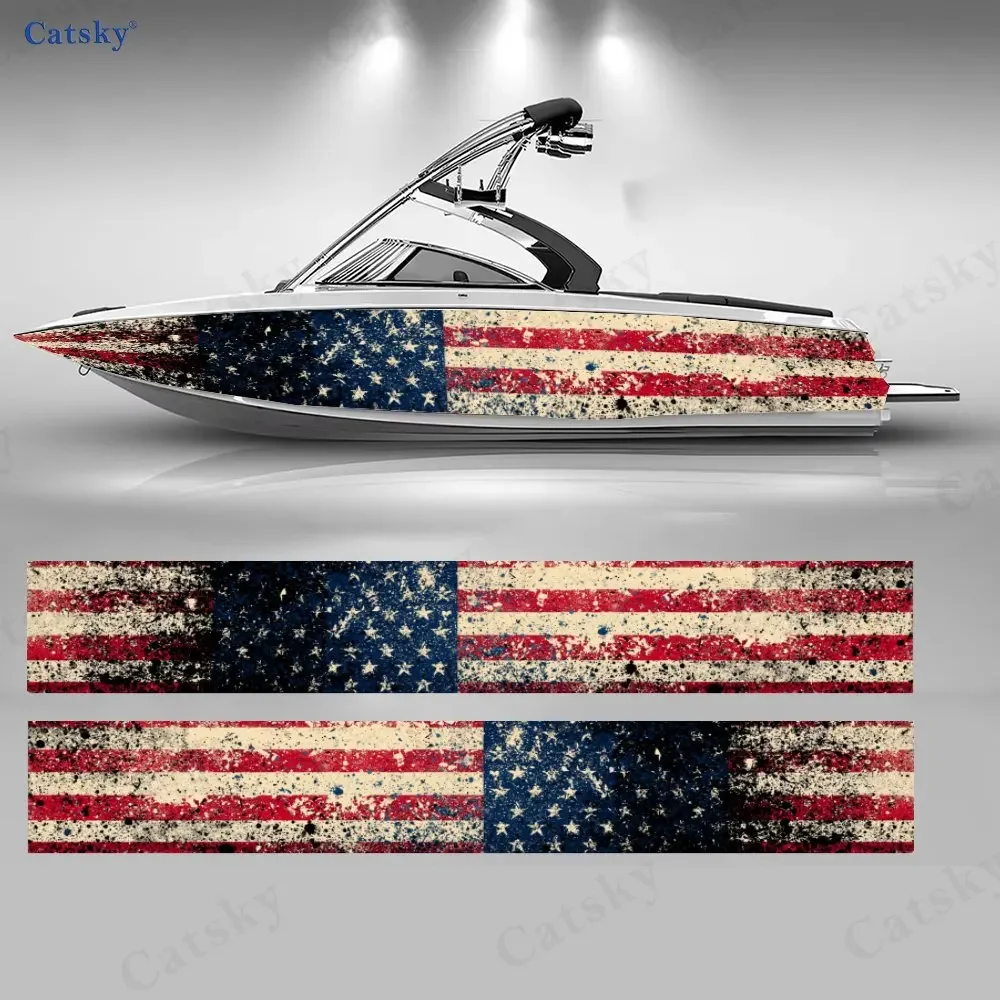 2Pcs Distressed Stars & Stripes Boat Stickers, PVC Waterproof Vinyl Wrap Decals for Fishing Boats, Durable and Stylish Design