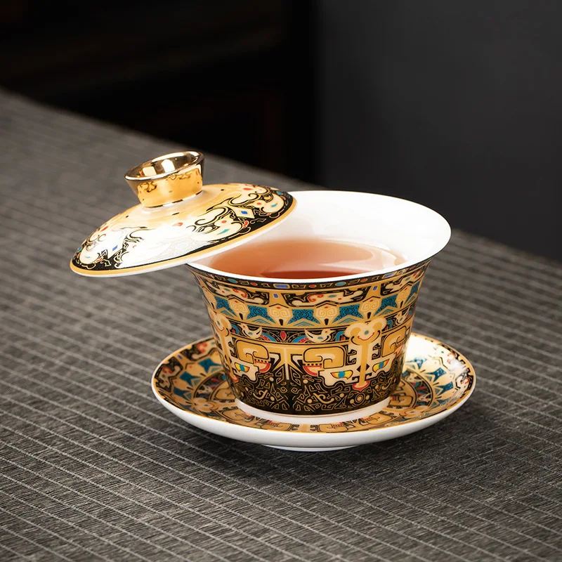 Chinoiserie Tea Cup Enamel Color Rotatable Hover Three-Cup Bowl Chinoiserie Kung Fu Household Tea Making Gold with Lid Mutton Fat Jade Porcelain Tea Bowl 2