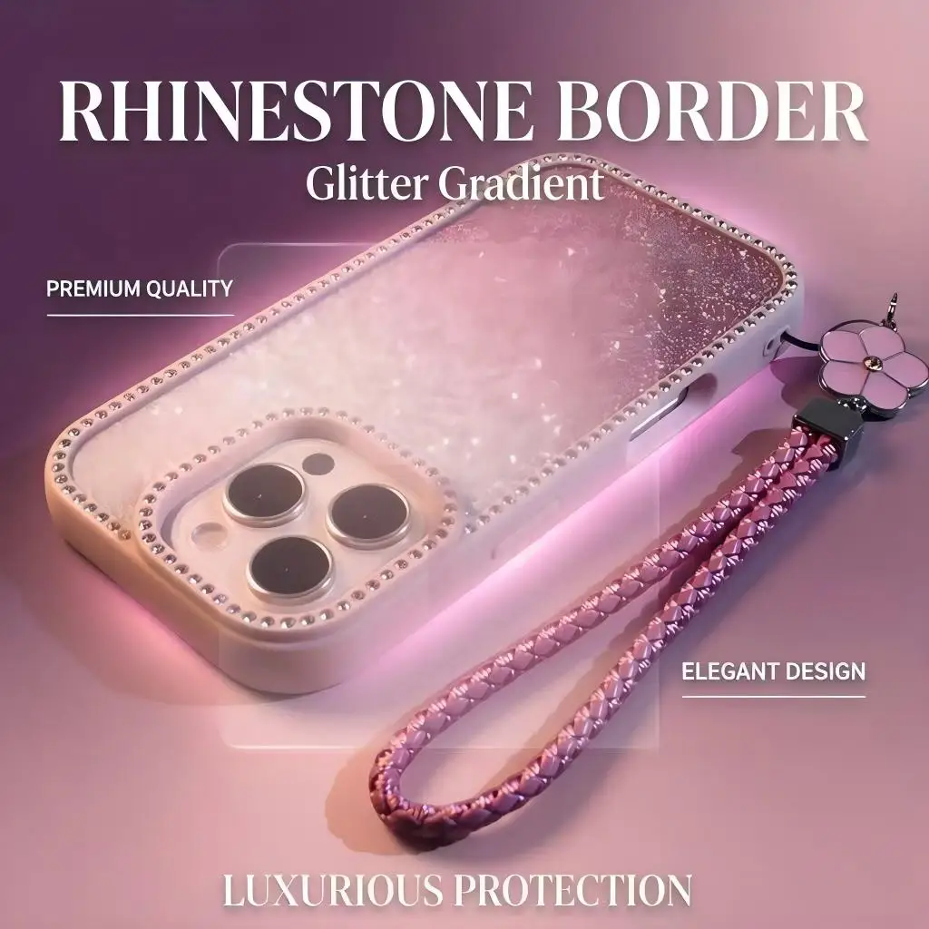 Coque de téléphone double face à strass dégradés et pailletés avec cordon pour iPhone 11 12 13 14 15 16 17 Pro Max, coque arrière anti-chute