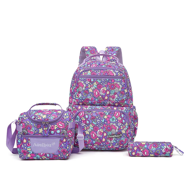 3Pcs Large Capacity Women Backpack Set Waterproof Oxford Schoolbag with Lunch Bag Pencil Case Student Bookbag