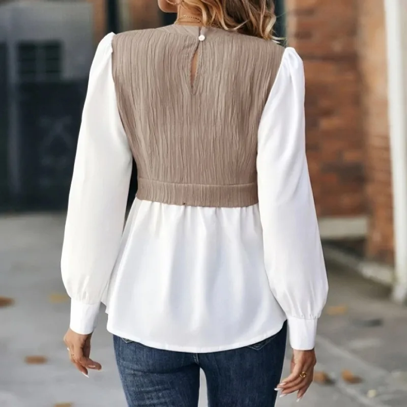 Spring and Autumn Women's Pullover Round Neck Long Sleeve Solid Button Panel Asymmetric Office Lady Fashion Casual Bottom Tops