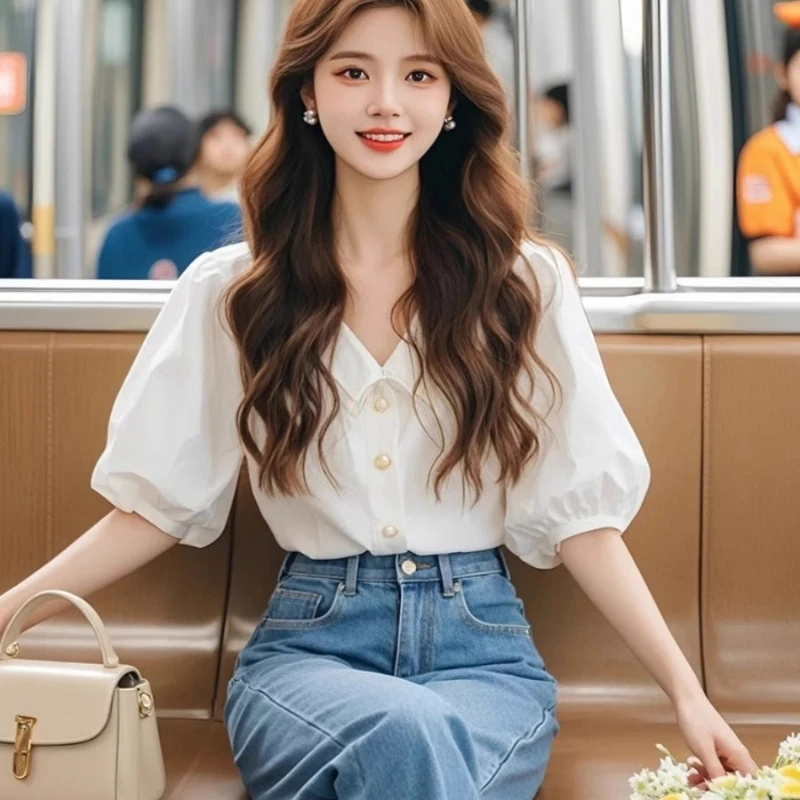 Chemisiers blancs pour femmes, chemises coréennes, mode Slim Fit printemps/été, vêtements de bureau pour dames, couleur unie, manches courtes, hauts pour femmes