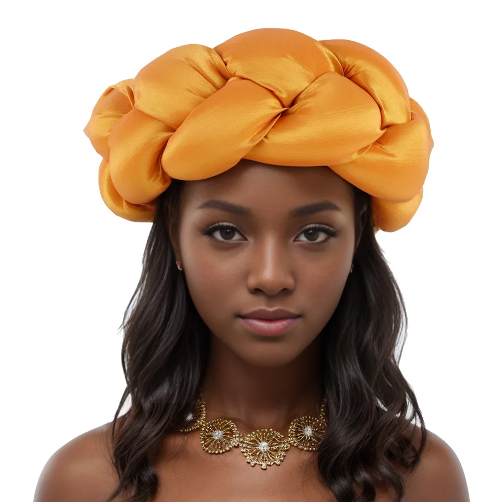 

Nigeria Wedding Party Headpiece Female Headband Exaggerated Big Braid Head Band African Raw Silk Turban Cap for Women