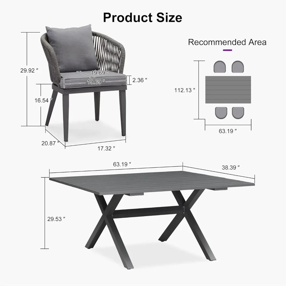 5 Pieces Patio Dining Set Wicker Outdoor Furniture Rectangular Table and Chairs Set, Cushions and Pillows Included Grey