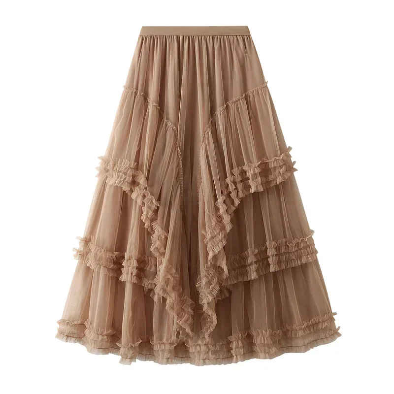 New Crotch Covering and Slimming Multi-layered Chiffon Ball Dress Elegant High Waisted Fairy Mesh A-line Skirt for Women