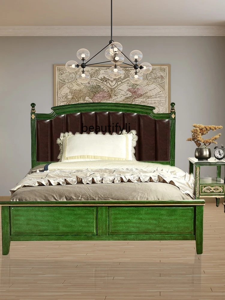 American-Style Solid Wood Double Bed Retro Master Bedroom Single 1 M 2 Pastoral Bed & Breakfast Emerald 1 M 5