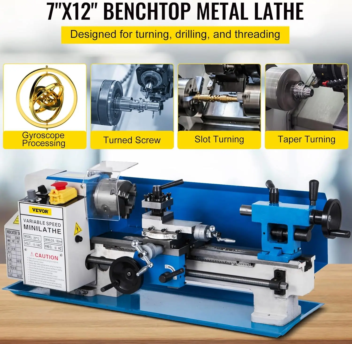 Metal Lathe 7"x12", Precision Bench Top Mini Metal Lathe 550W, Variable Speed 50-2500 RPM Nylon Gear With A Movable Lamp