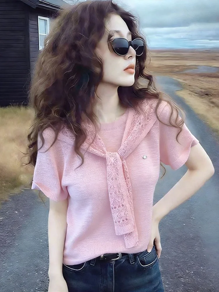 Laid-back Style Pink Anti-Aging Shoulder Wrap Short Sleeve T-Shirt Women's Summer New Korean Casual Anti-Aging Top