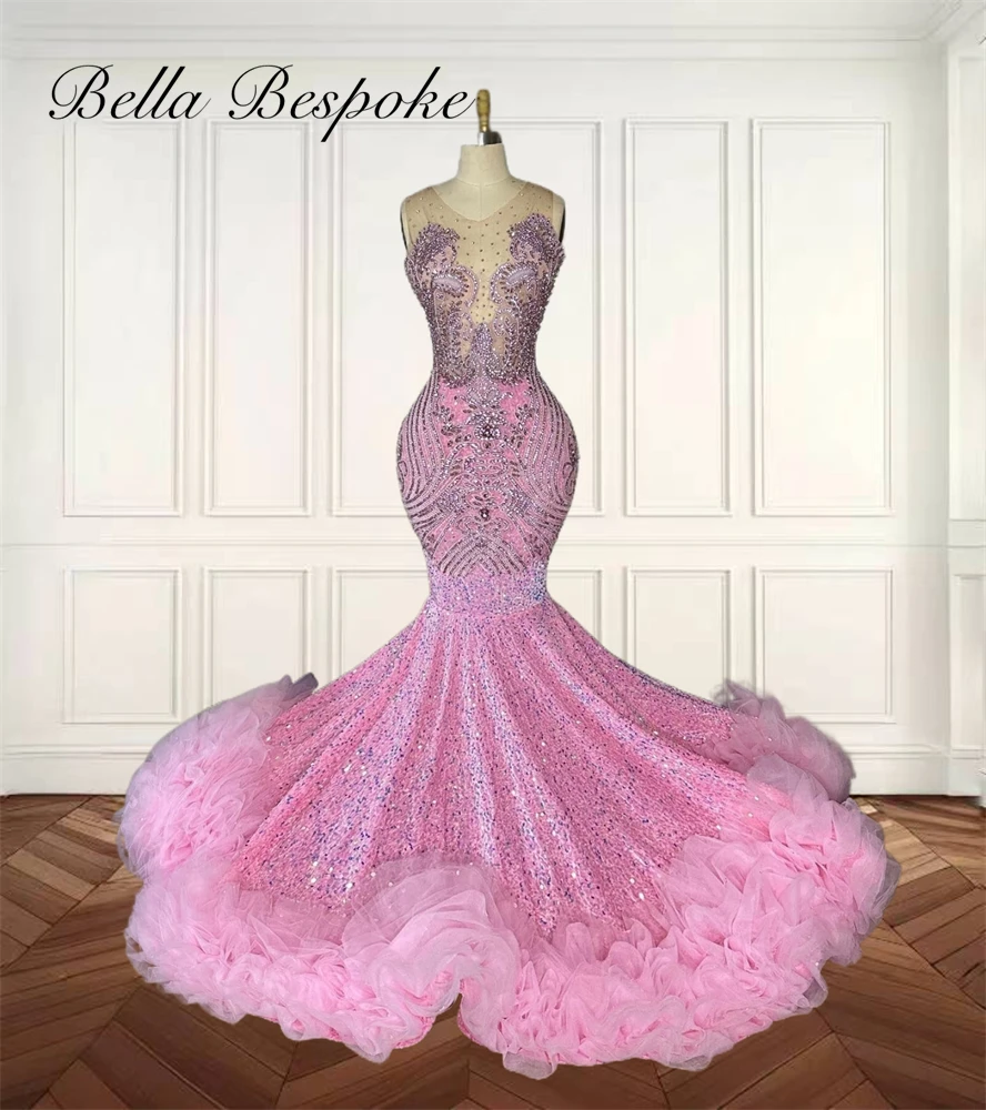 Abiti da ballo di lusso con volant rosa abito lungo con paillettes abito da laurea con perline di cristallo a sirena O collo abiti formali abito da festa personalizzato