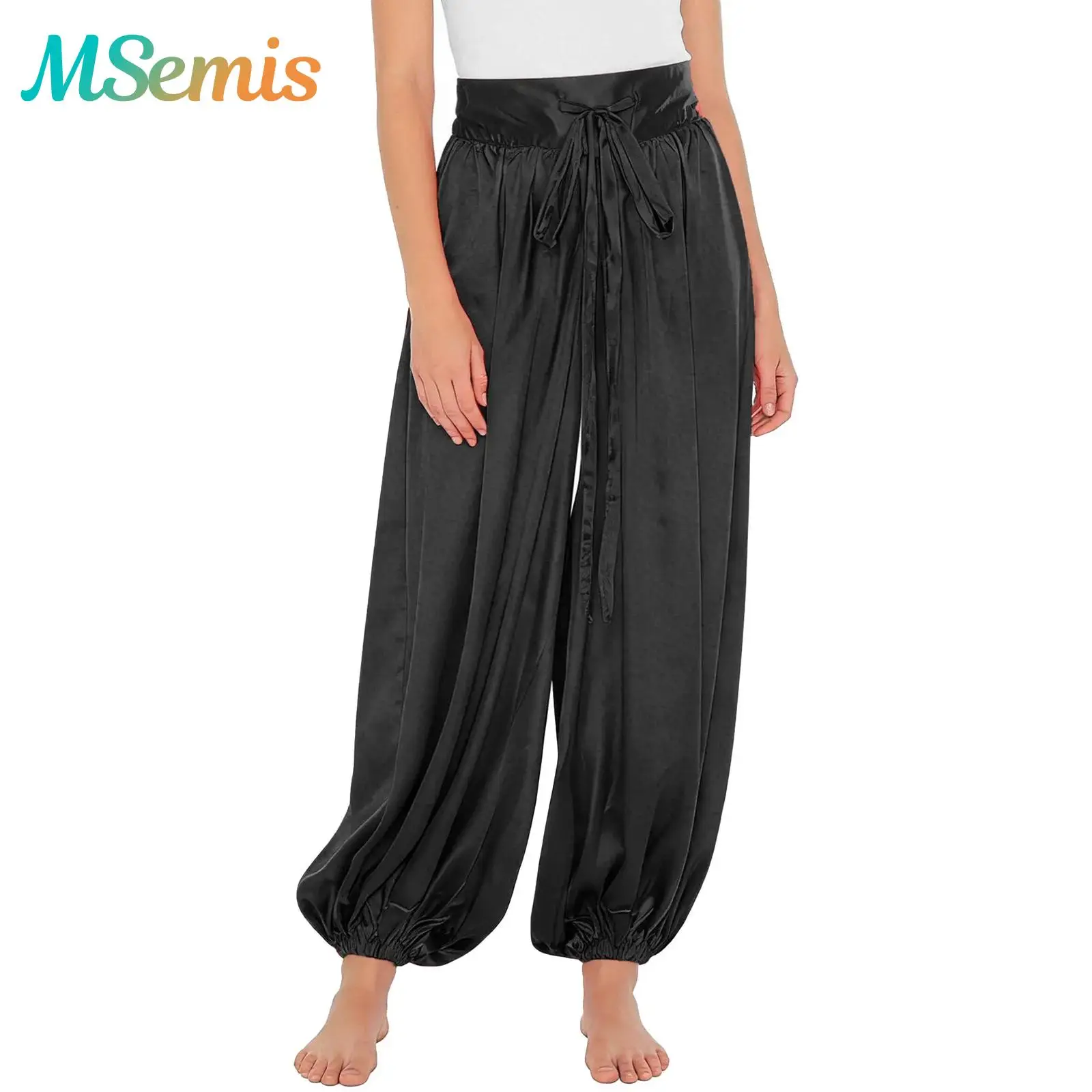 Damskie spodnie haremki z satyny ze sznurkiem w pasie, do tańca brzucha, arabskie, z motywem magicznej lampy, kostium na imprezę cosplay, luźne spodnie typu latarnia do tańca brzucha.