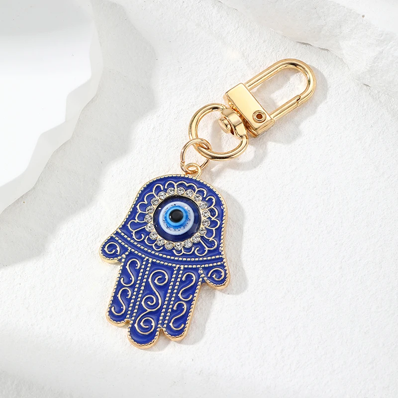 Enamel Flower Evil Eye Fatima Hand Keychain Women Men Zircon Retro Blue Eye Hamsa Hand Bag Airpods Box Car Key Ring Accessories