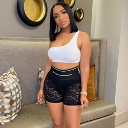 Sexy Lace Patchwork Corset Shorts Pants Summer  Women Letter Zipper Leggings  See Through Short  Trousers