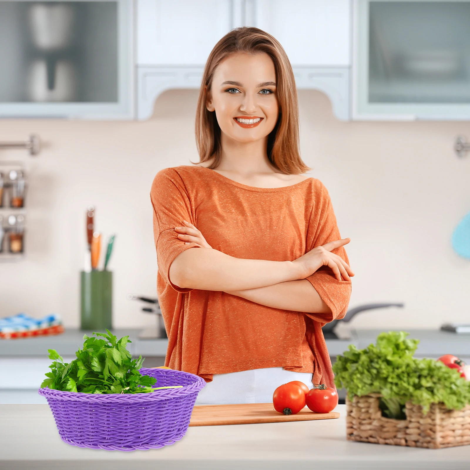 1 قطعة البلاستيك الروطان سلة مغزولة تقليد الروطان تصميم الفاكهة الخبز تخزين الحاويات للمنزل المطبخ مكتب المخابز #4