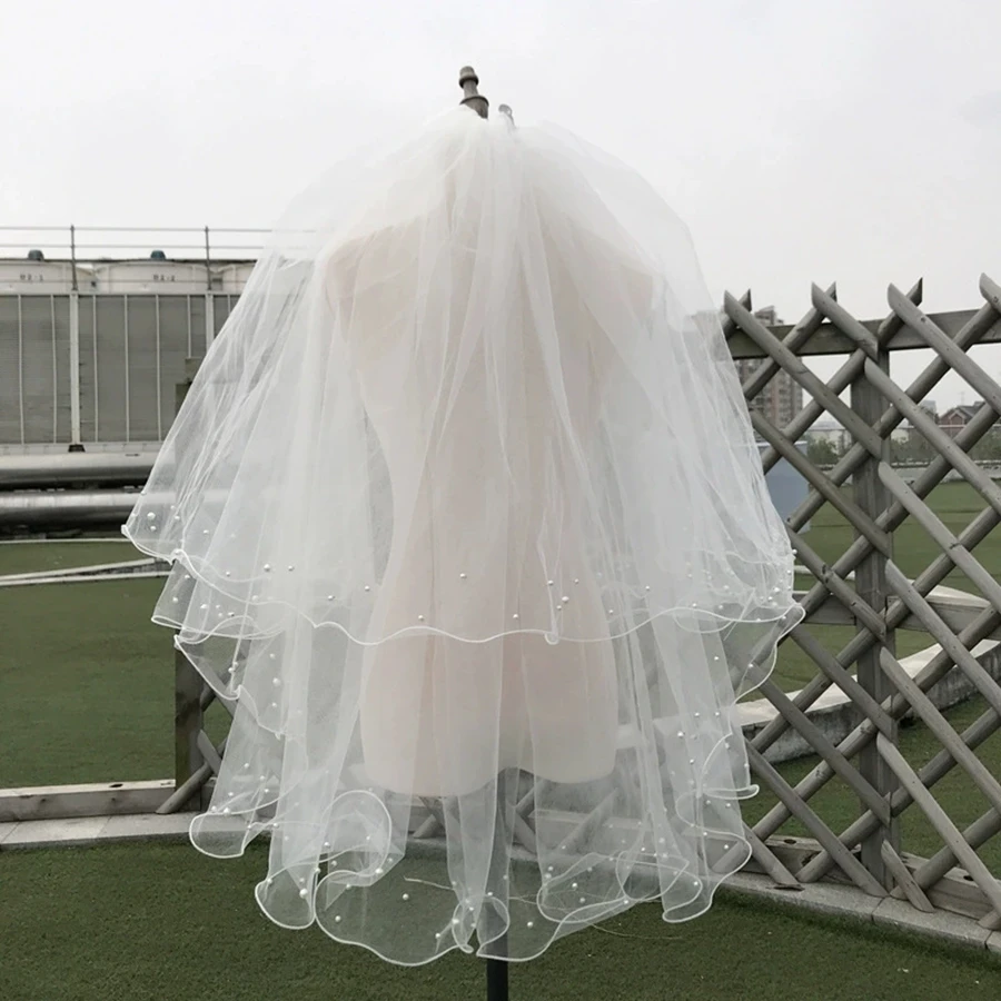 

Оптовая продажа, двухслойная свадебная фата цвета слоновой кости, жемчуг, бисер, свадебные аксессуары для невесты, Velo de novia, фата, платья de novia
