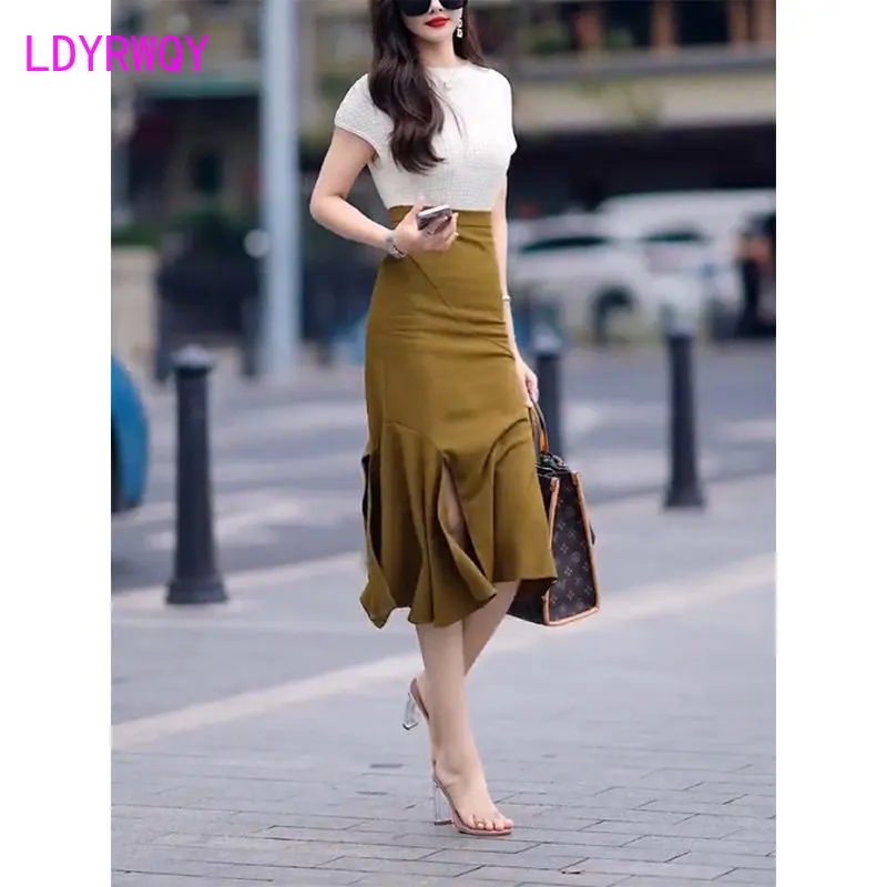 Fishtail skirt split skirt long spring/summer 2023 new high-waist temperament ruffles over-the-knee skirt women