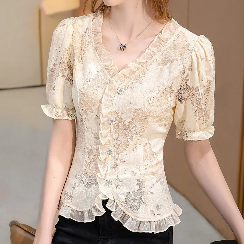 Black Lace Patchwork Short Blouse Short Sleeve V Neck Irregular Elegant Shirt Tops Vintage Temperament Women Clothing Summer New