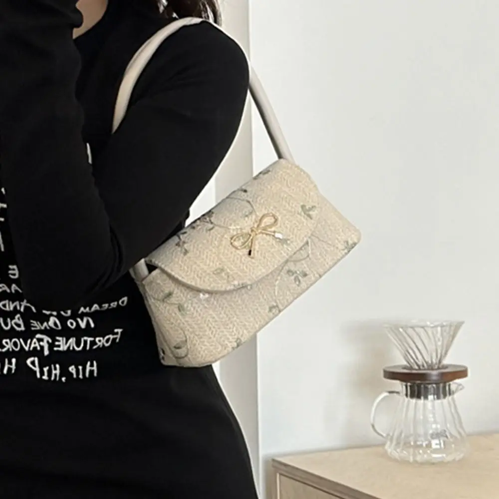 

Портативная соломенная сумка для подмышек, тканая сумка ручной работы с цветочным дизайном, тканая сумка на плечо, большая вместительная вышитая сумка