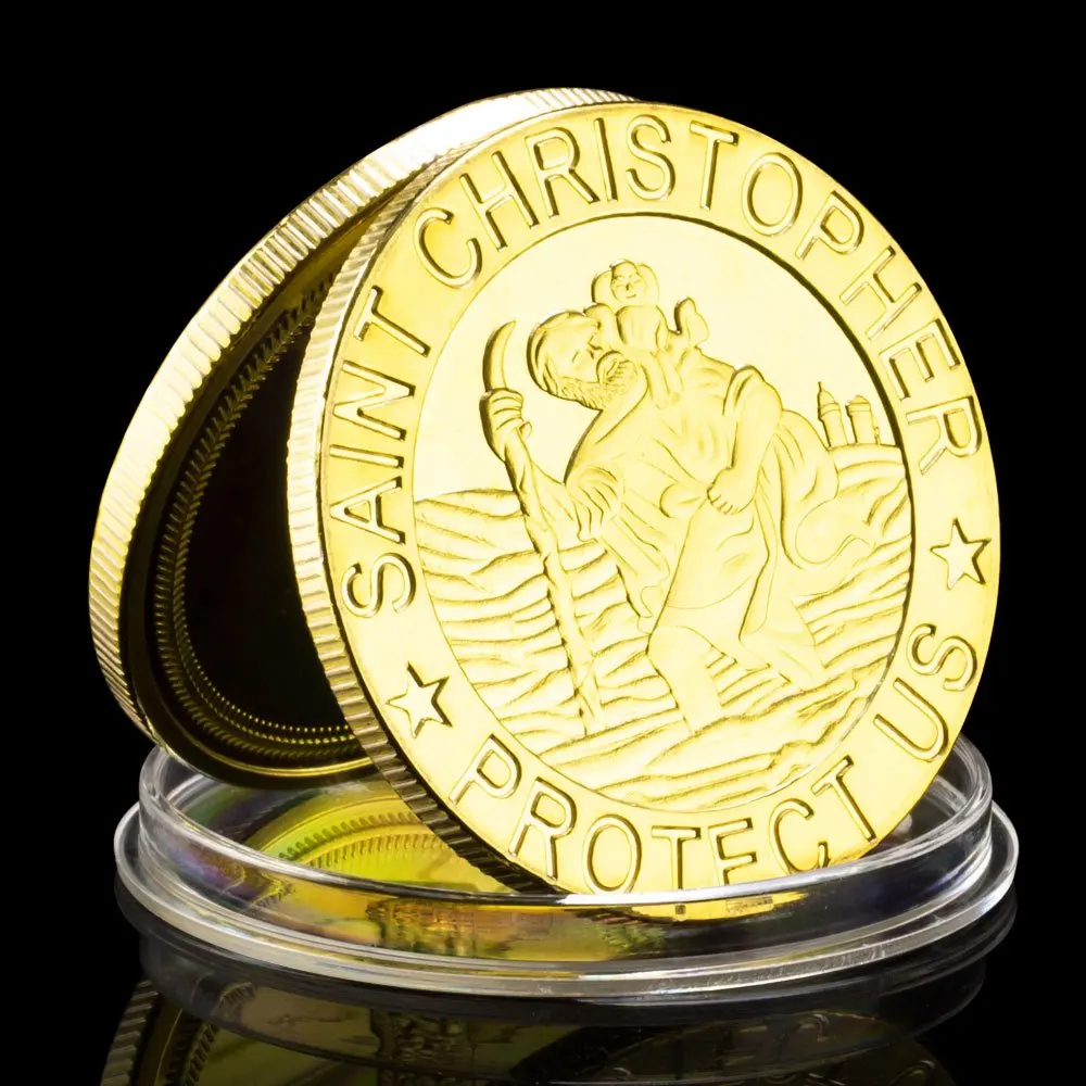 Saint Christopher Protect Us Souvenir pièce plaquée or cadeau à collectionner le Saint Patron des voyageurs pièce commémorative