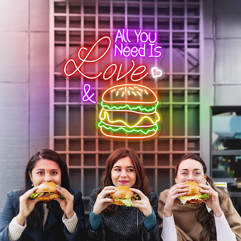 

All You Need Is Love & Burger Custom Hamburger Fast Food LED Neon Sign Night Light Decor Coffee Shop Bar Restaurant Welcome Sign