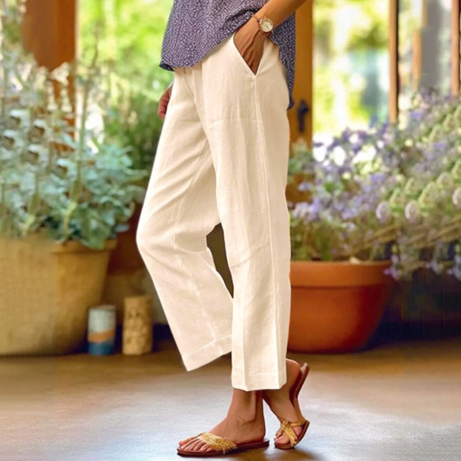 Women's 2024 New Chic Fashion Casual Straight-leg Pants Retro Solid Color High Waist Loose Long Pants Beachwear