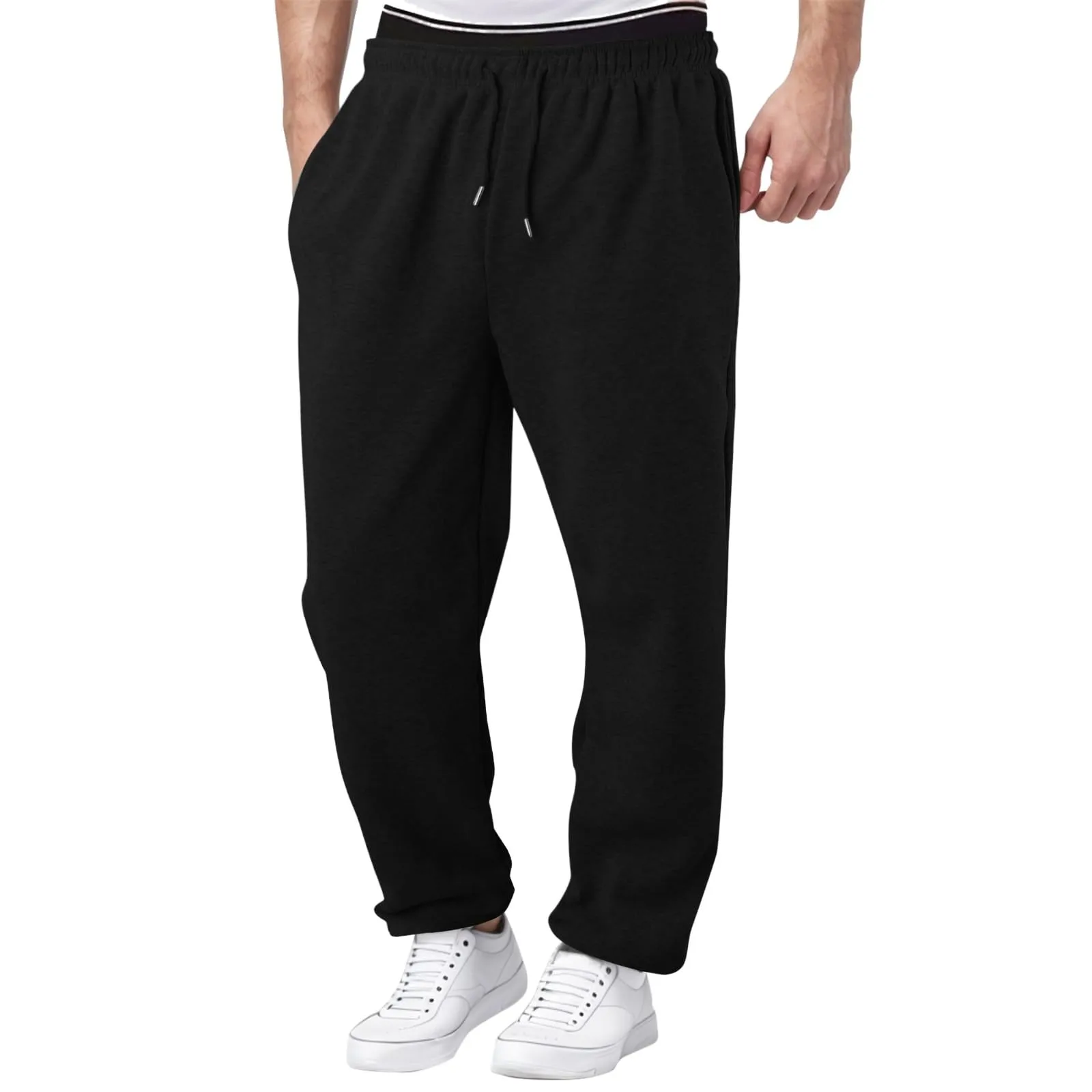 Novos homens inverno sweatpants cor sólida calças casuais de lã moletom largo confortável perna calças retas