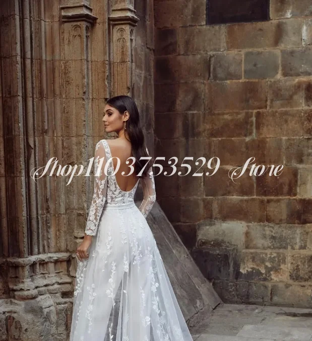 Illusion Boho Wedding One-piece Dress with Removable Train A-line Hem 2024 Fashion Lace Floral Long Sleeve Bridal Gowns فساتين س