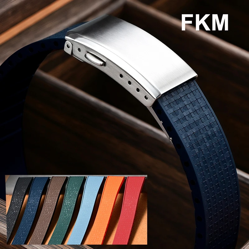 Bracelet de montre en caoutchouc fluoré, coupe sur la taille, 18/19/20/21/22mm, boucle de déploiement FKM en mosaïque, extrémité plate universelle, remplacement du Bracelet
