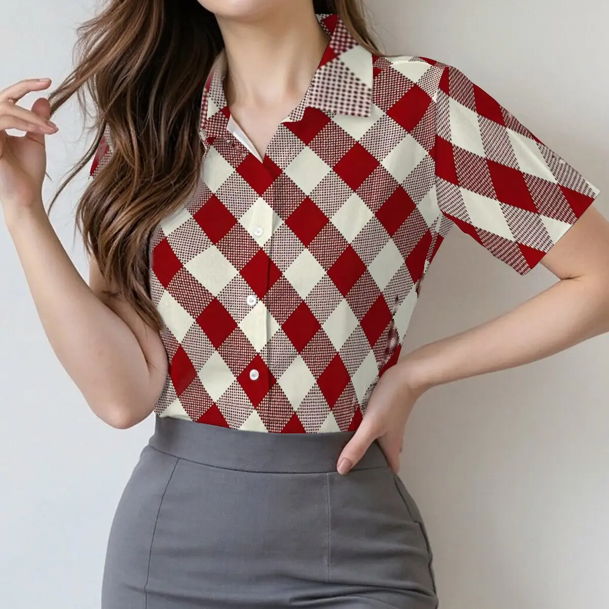 

Women's summer red-and-white plaid spliced short-sleeve shirt,retro and vibrant with stylish color contrast,versatile for workpl