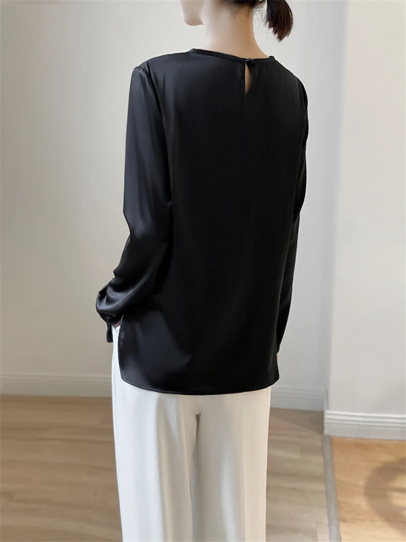 Long Sleeve O-Neck Leisure Shirt Tops Women\'s Solid Satin Elegant Temperament Blouses Spring Autumn Vintage Simple Tops Camisas