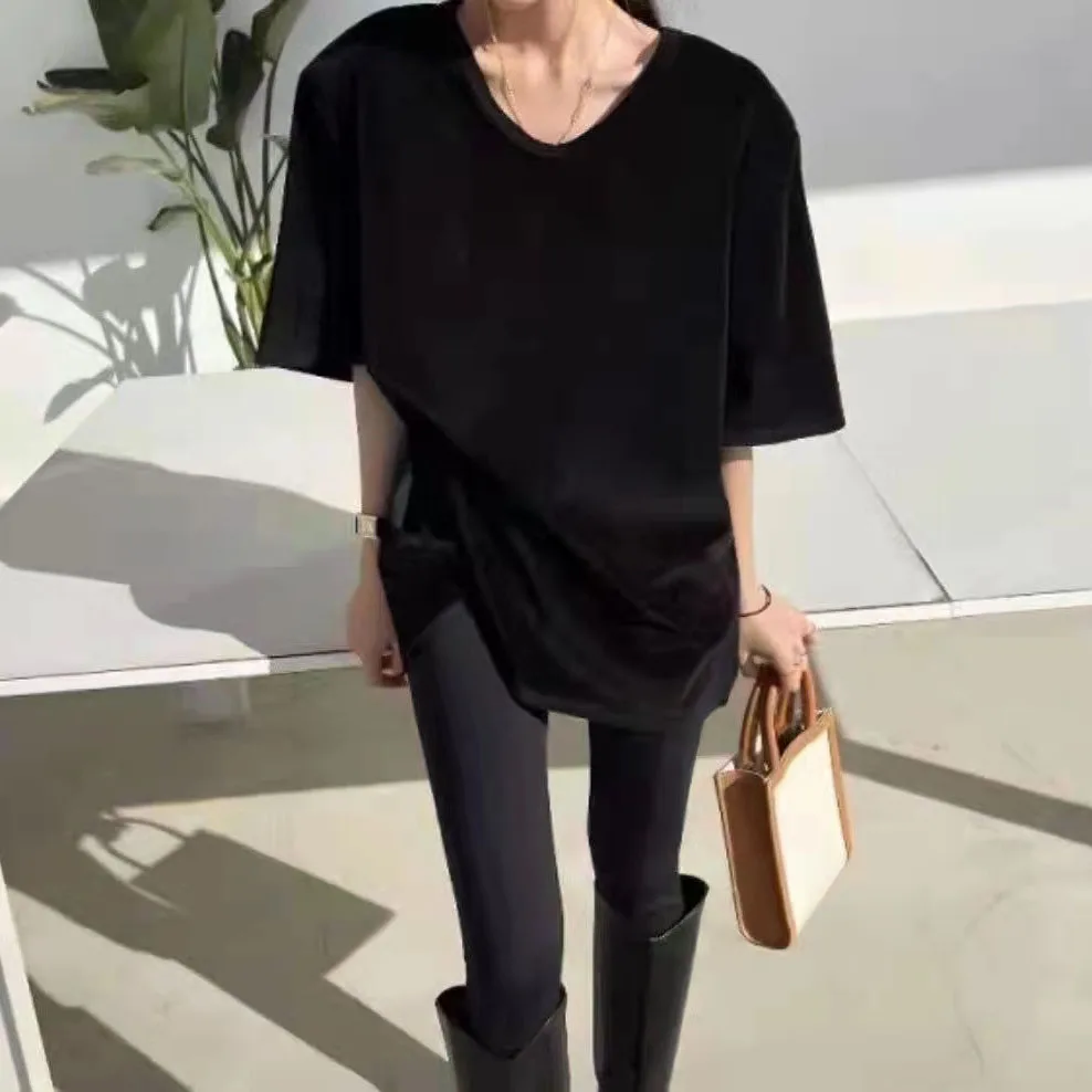 Spring Autumn V-Ne Padded oulder Open Split Loose Velvet ort Sve T-irt Women's Top Comfortable Breathable Casual Wear