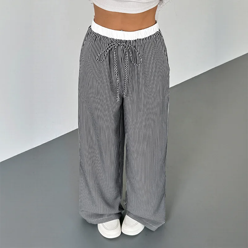Pant Women Wide Leg Long Pants Slim Fit High Waist Straight Trousers Y2k Streetwear Striped Elegant Splice Work Casual 2025