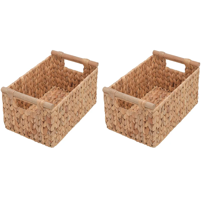 

HOT SALE Hand-Woven Jumbo Storage Baskets With Wooden Handles, Water Hyacinth Wicker Baskets For Organizing, 2-Pack