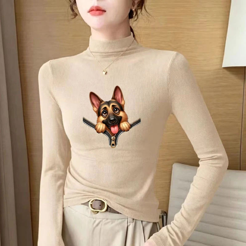 2026 New Autumn Winter Thermal Brushed Fleece Long Sleeve Graphic Print T shirt Blouses Female Warm Shirt Women Top