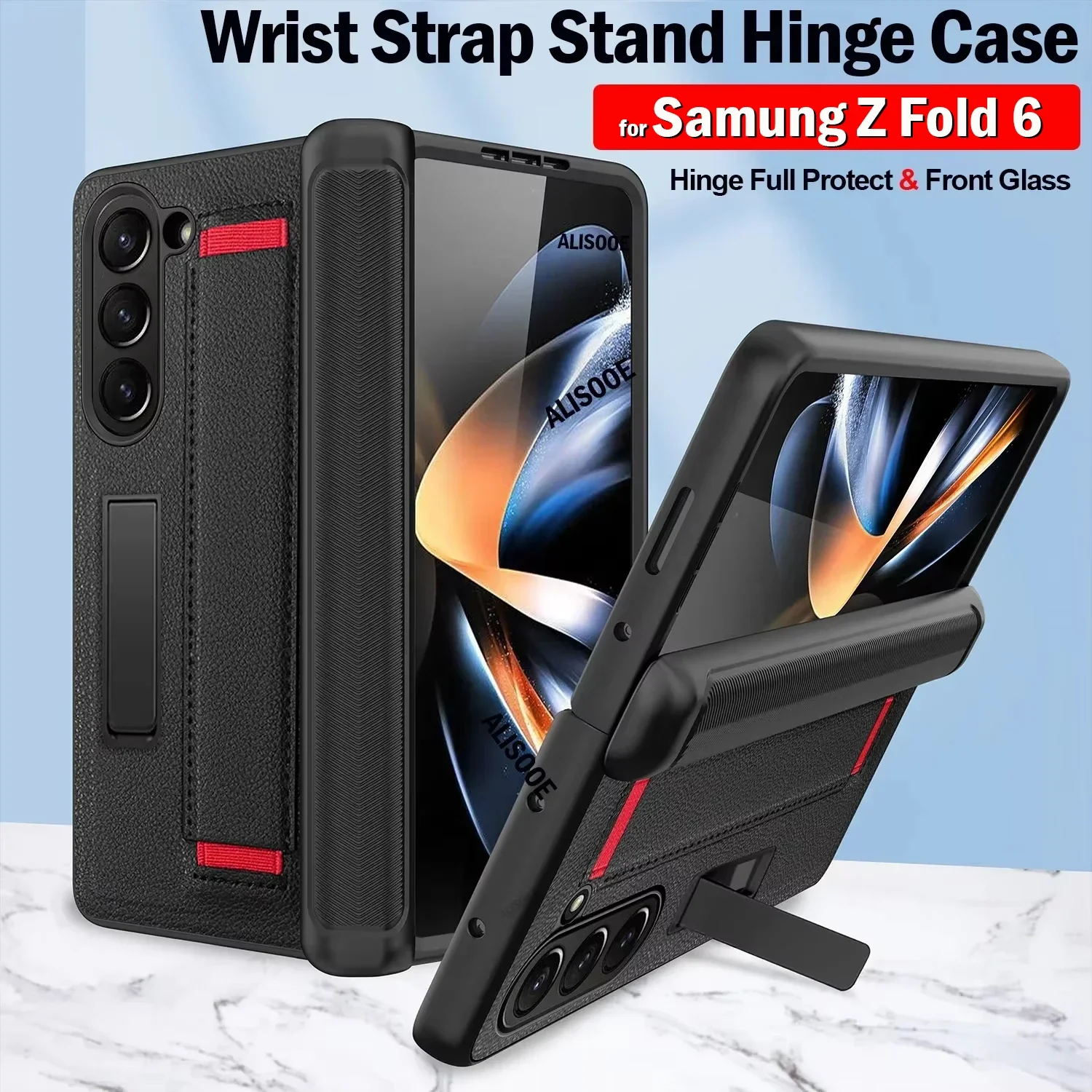 

Z Fold 6 Hinge Case for Samsung Galaxy Z Fold 6 Case Wristband Hinge Protection Front Glass Wrist Strap Stand Phone Cover Funda