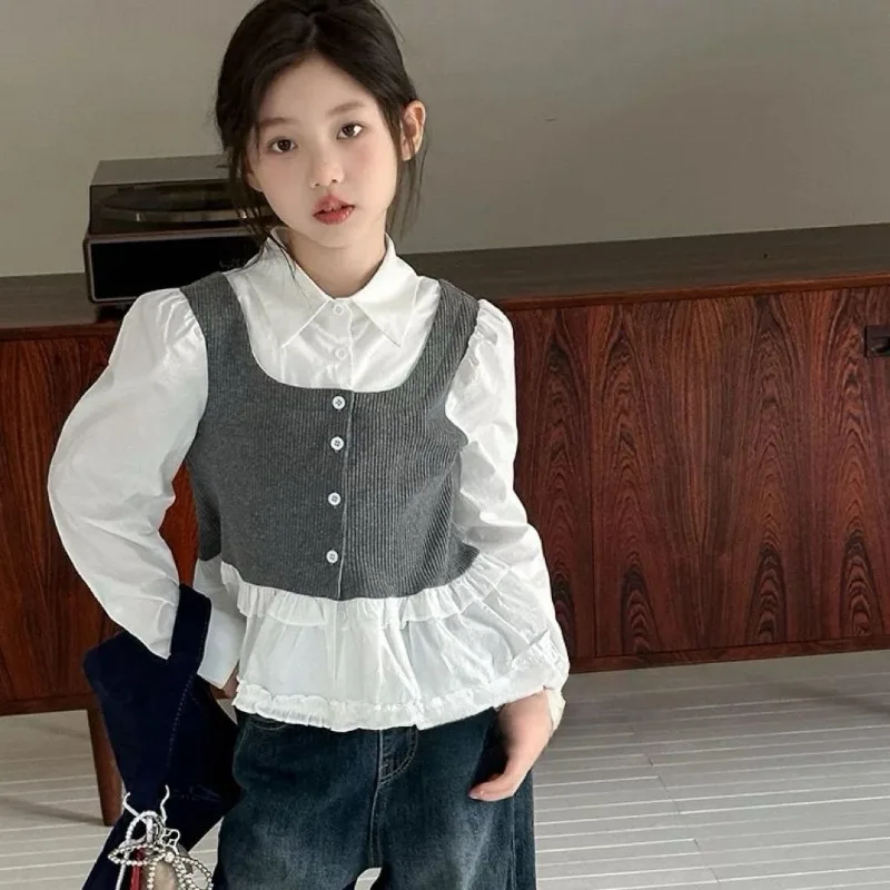 2026 Autumn New Kids' Two Piece Shirt Girls' Lace Trimmed Blouse Trendy Children's Two-Piece Suit Toddler Big Kids 4