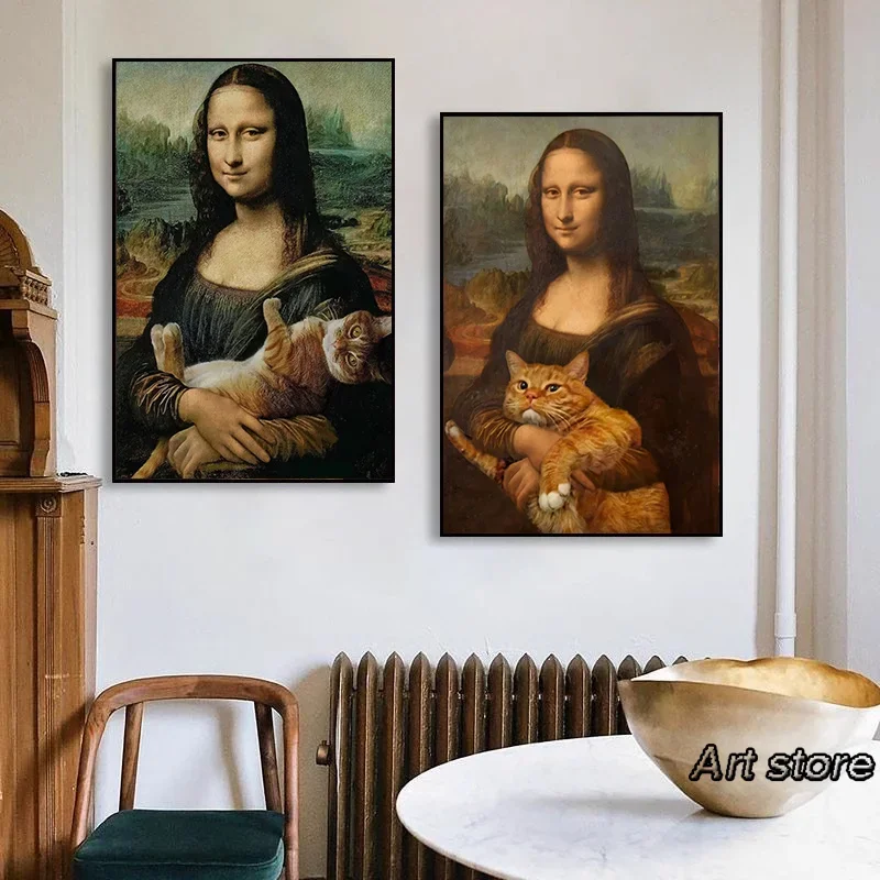 1pc frameless Canvas Painting Nordic Funny Mona Lisa with Cat Bubble Poster Prints Canvas Paintings Bar Hotel Decorative Paintin
