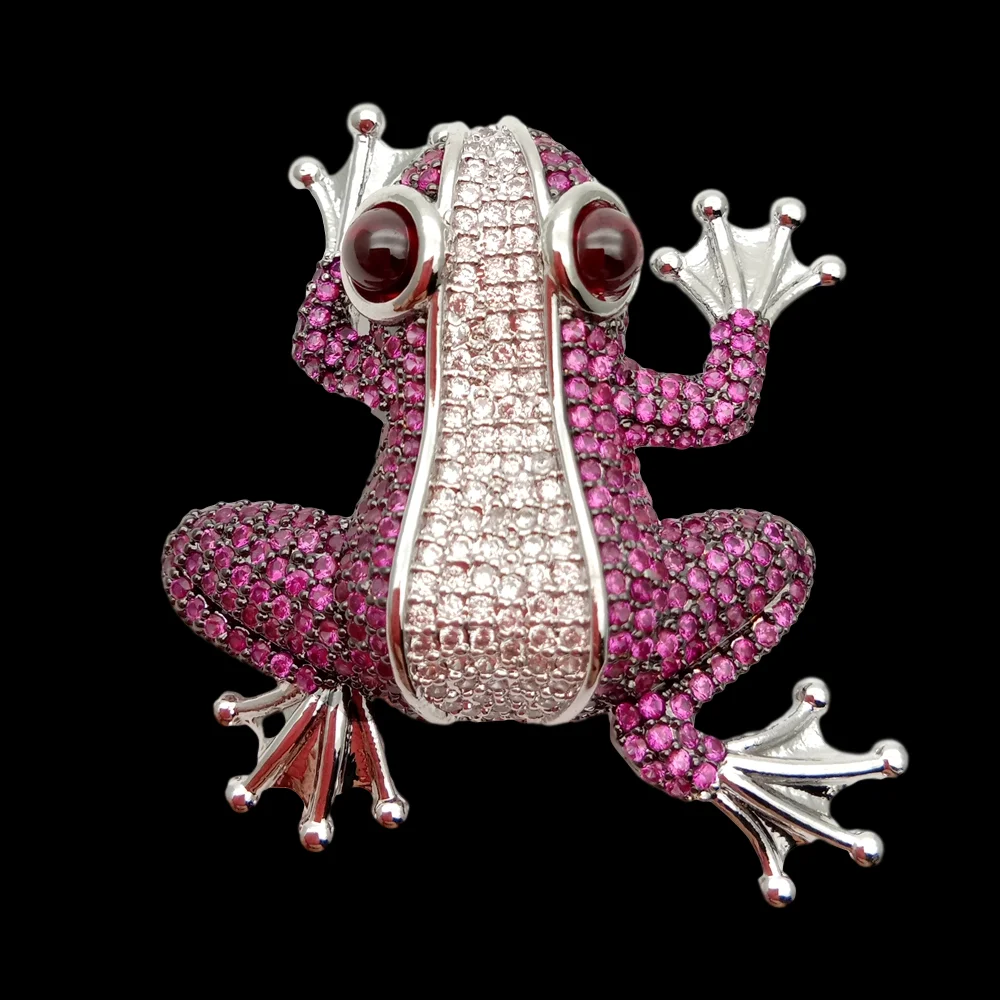 Clear Fuchsia Frog Pin Pendant in White Gold Plated Cz pave Brooch