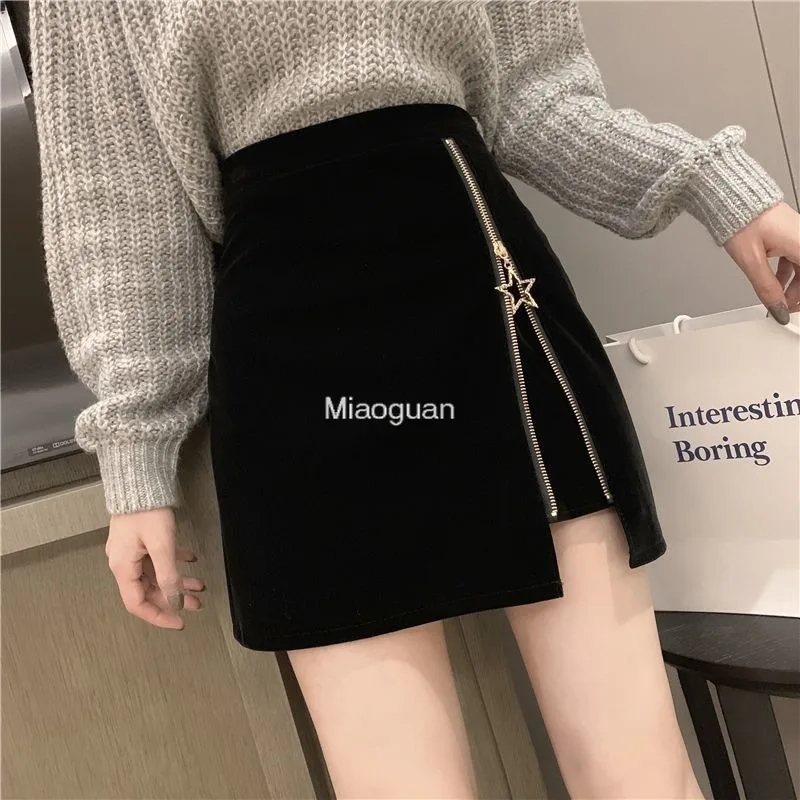 Black Mini Skirt Women‘s Velvet Short Pencil Skirt Korean Ladies Sexy Office Wear High Waist Skirts Zipper Faldas Spring Autumn