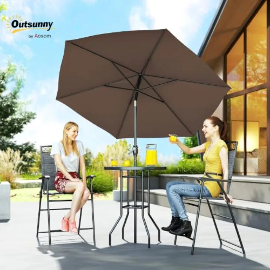 4 Pcs Outdoor Patio Dining Furniture Set, 2 Folding Chairs, Adjustable Angle Umbrella, Wave Textured Tempered Glass Dinner Tabl