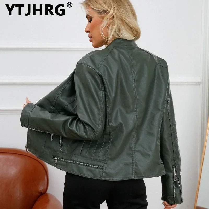 YTJHRG Women\'s Jackets Leather Coats Motor Biker Stand Collar Zipper Female Clothing 2024 New Spring Autumn Winter Long Sleeve