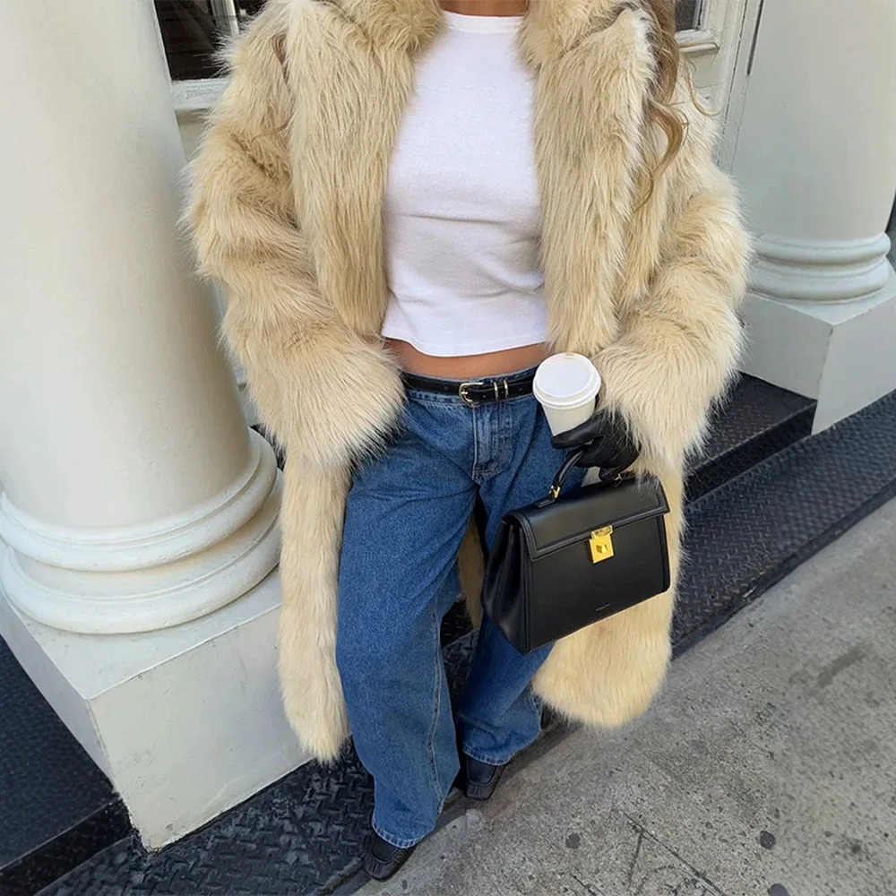Fashionable Stand Collar Light Beige Long Faux Fur Coat Fluffy Warm Thick Faux Fox Fur Jackets Luxury Casual Highstreet Overcoat